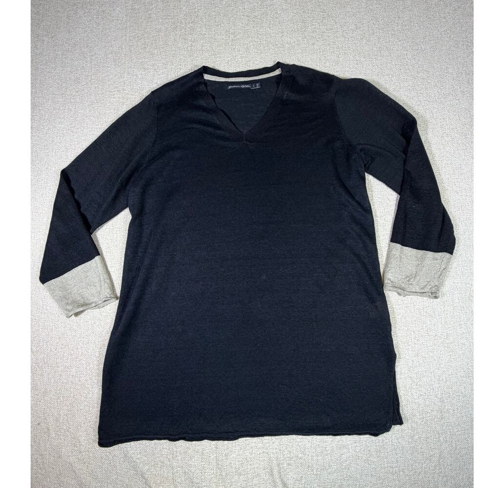 Gudrun Sjoden Womens Large Black 100% Linen V-Neck Long Sleeve Layering Soft Top